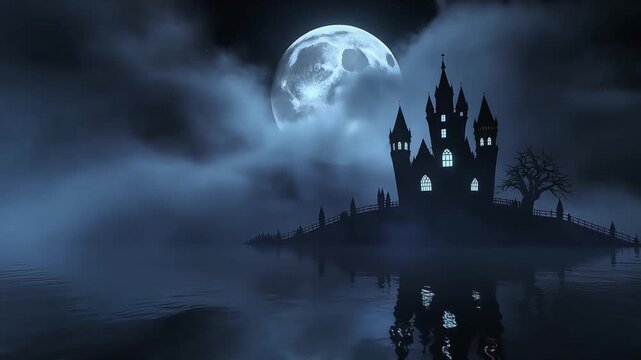 Spooky gothic castle silhouette standing under huge glowing full moon in mysterious misty night motion video clip