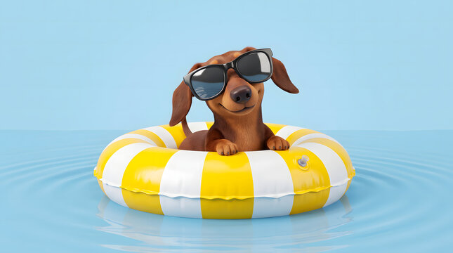 A dachshund's summertime dream a relaxing float on a bright yellow and white ring