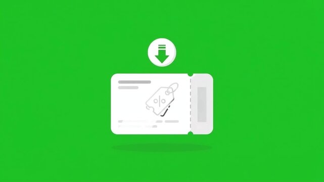 Animated discount coupon voucher icon with price tag and download arrow on green screen background