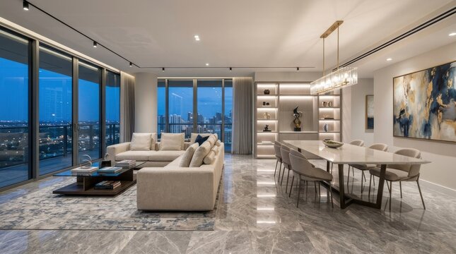 A spacious, modern living room with a large window overlooking a city skyline at dusk.