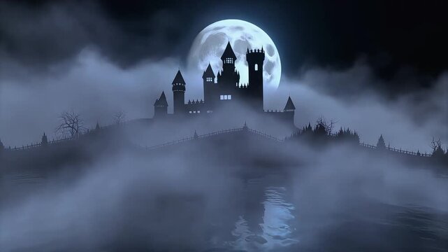Mysterious dark castle silhouette standing on an eerie foggy island under full moon night sky video footage