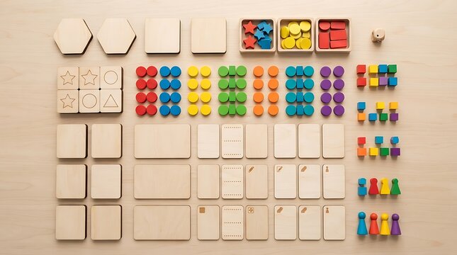 Comprehensive wooden learning set with game pieces, cards, and building blocks.