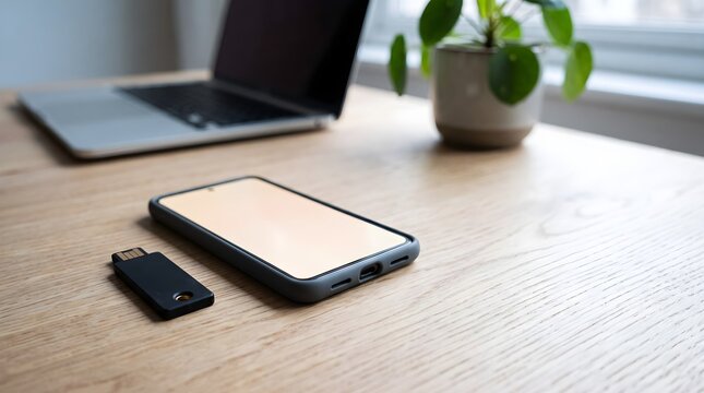 Minimalist wooden desk workspace with a smartphone, USB drive, and laptop