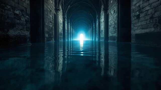 Flooded gothic stone hallway with glowing bright light at the end creating mysterious motion video footage