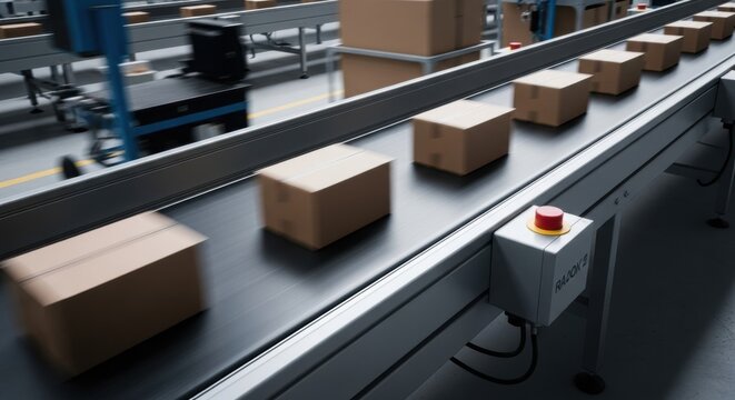 Automated industrial conveyor belt system moving brown cardboard boxes in a logistics warehouse facility with motion blur and a red emergency stop button in the foreground.