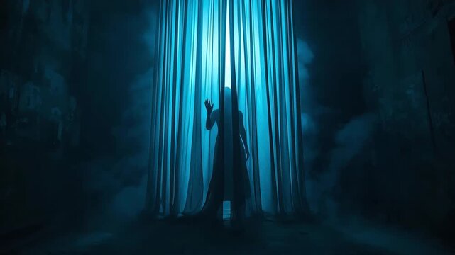 Mysterious silhouette of a woman standing behind flowing translucent curtains with dramatic blue backlighting in horror video clip