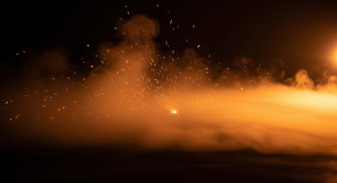 Bright orange sparks flying and glowing embers exploding above a thick layer of rolling low-lying fog and wispy smoke clouds against a dark black background with cinematic lighting.