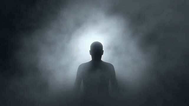 Mysterious human silhouette standing inside dense swirling dark smoke with bright glowing light cinematic motion video background