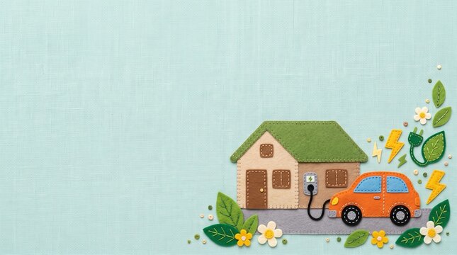 自宅で電気自動車を充電するクリーンな暮らし V2Hやスマートホームを表すフェルトクラフトイラスト   