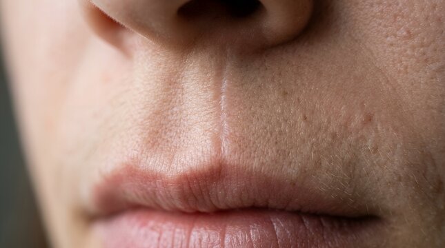 Close up detailed view of facial skin texture pores and fine lines on nose and upper lip area