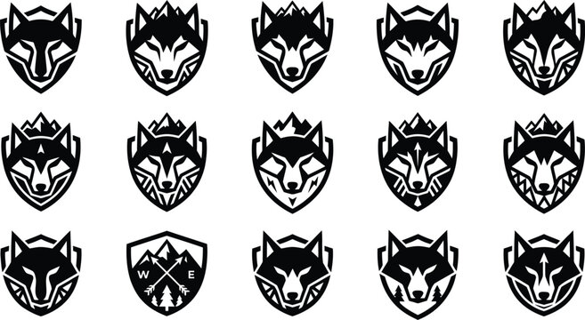 Set of fifteen minimalist wolf head logos with mountain and shield elements