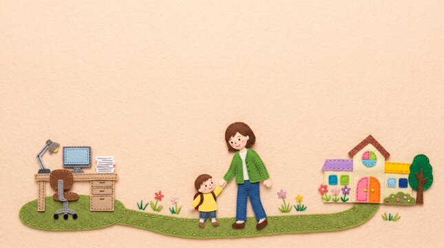 保育園と仕事場の間を手を繋いで歩く働く母親と子供 ワーキングマザーの登園風景と両立支援を表すイラスト   