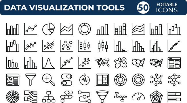 Data visualization tools simple stroke icons pack representing complex charts graphs statistics analytics tables on abstract check background grid.