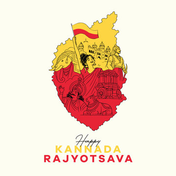 Happy Kannada Rajyotsava Karnataka Map Illustration with Woman Waving Flag, Mysore Palace, Hampi Chariot and Yakshagana, Vector Art