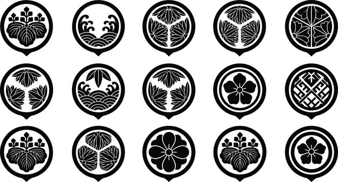 Set of fifteen traditional japanese mon or kamon family crests featuring various floral, geometric, and wave patterns in black and white