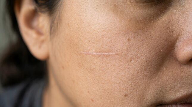 Close up facial skin texture showing a faint line mark on the cheek detailed dermatology beauty skin care