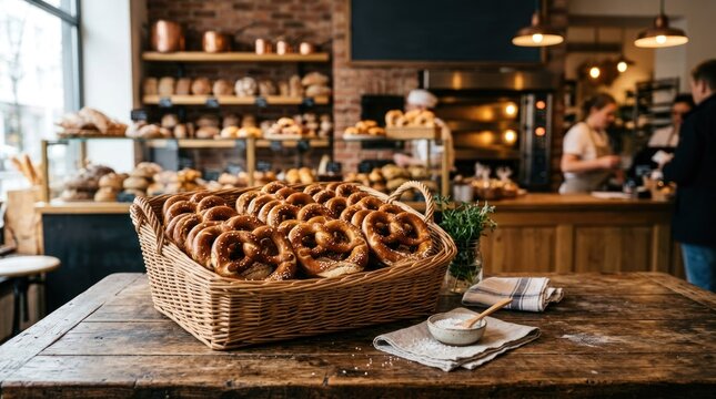 A bakery with a variety of baked goods on display, including pretzels and other pastries.