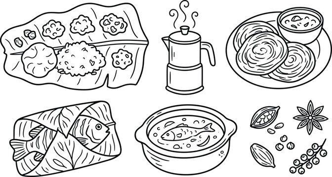 Traditional Kerala cuisine south Indian food vector line art illustration set featuring sadhya parotta fish curry spices filter coffee icons