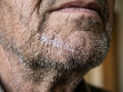 Close up of aging male facial skin texture and deep wrinkles showing facial aging and fine hair details