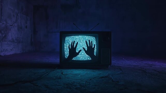 Creepy vintage television set displaying trapped hands inside static screen during dark paranormal horror video clip motion