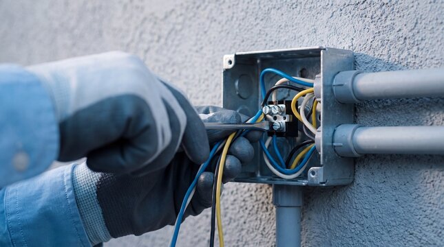 A young student learning electrical trade uses a screwdriver to connect wires in a junction box on a wall, representing vocational education and training.