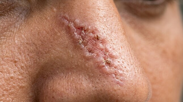 Close up of facial skin showing healed scars and skin texture details around the nostril area illustrating wound healing and dermatological marks