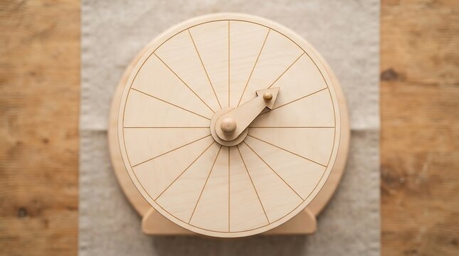 Wooden spinning game wheel with twelve divided sections for random selection activity table surface.