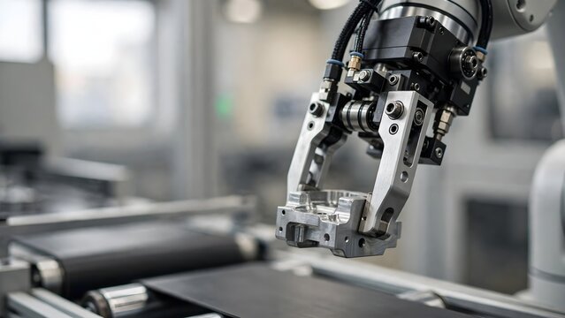 Industrial robotic arm picking up a metal component on an automated