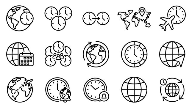 Set of fifteen thin line icons representing global time zone management international travel flight planning world map time scheduling and clocks with timezone