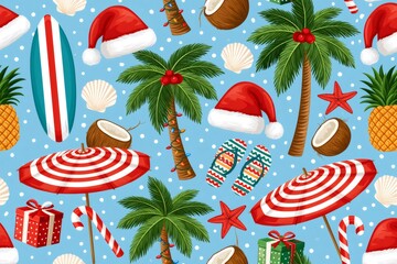 Fototapeta premium Tropical Christmas summer holiday objects seamless pattern