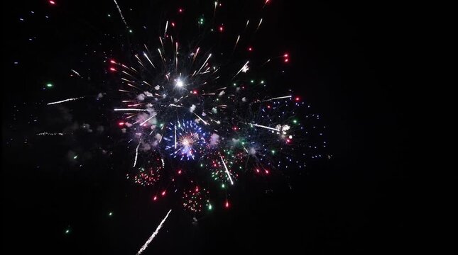 Colorful festive fireworks exploding against a dark night sky background