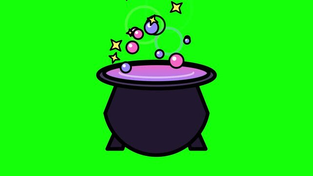 A bubbling black iron cauldron filled with purple magic potion as sparkling colorful orbs float above the brew during a ritual performed by a powerful sorcerer deep inside a mysterious stone
