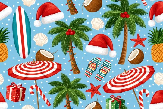 Tropical Christmas summer holiday objects seamless pattern