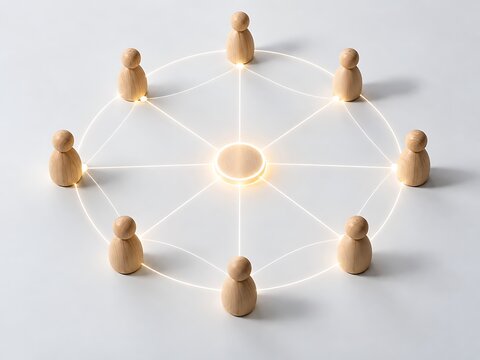 Conceptual representation of a centralized human network and digital connection with wooden figures linked by glowing light lines on a clean white background for business teamwork.