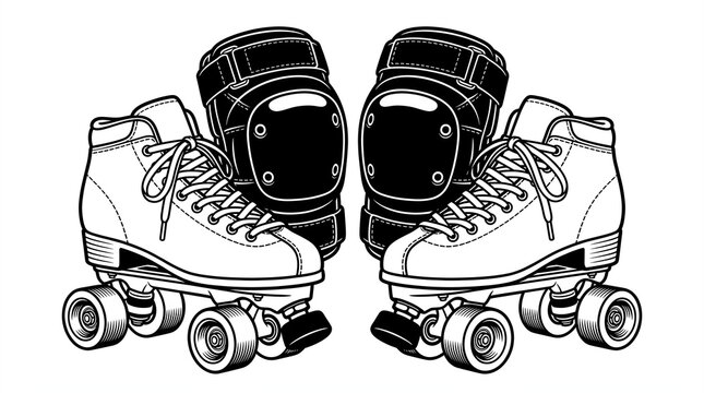 Vintage quad roller skates illustration featuring protective knee pads, detailed laces, classic wheels, and striking black and white vector art design aesthetic elements.