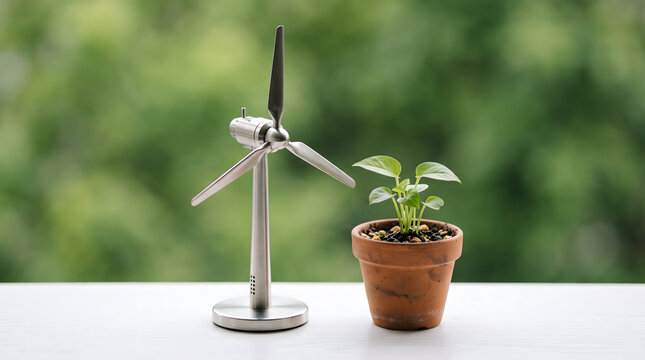 Small Wind Turbine and Young Plant Representing Renewable Energy and Sustainable Green Technology