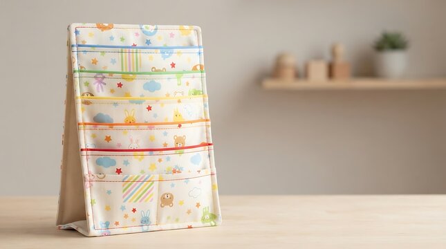 Colorful fabric wall organizer for kids with cartoon patterns on light wooden table.
