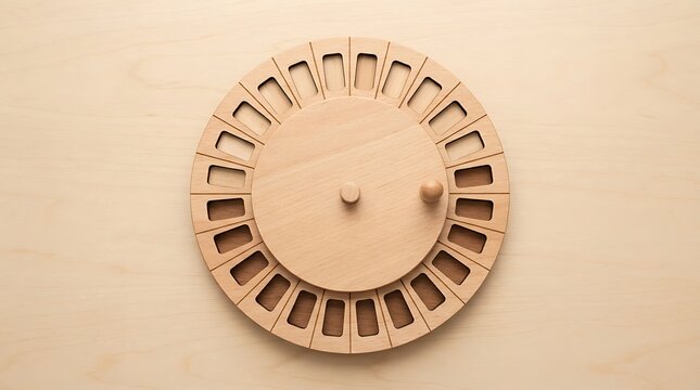 Wooden rotating learning wheel light brown with twenty-four compartments for educational development toy.