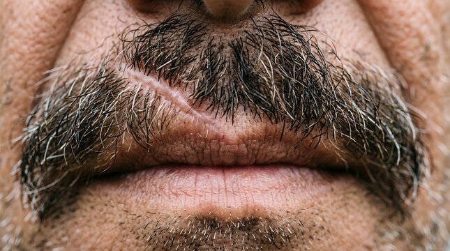 Close up portrait of a man s thick beard and mustache showing detailed facial hair texture and skin
