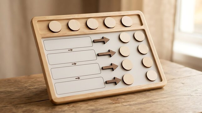 Wooden chore chart with empty labels and reward tokens for child behavior management.
