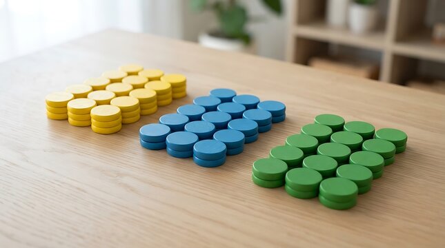 Three color groups of wooden counting tokens arranged for sorting tasks on light wood desk surface.