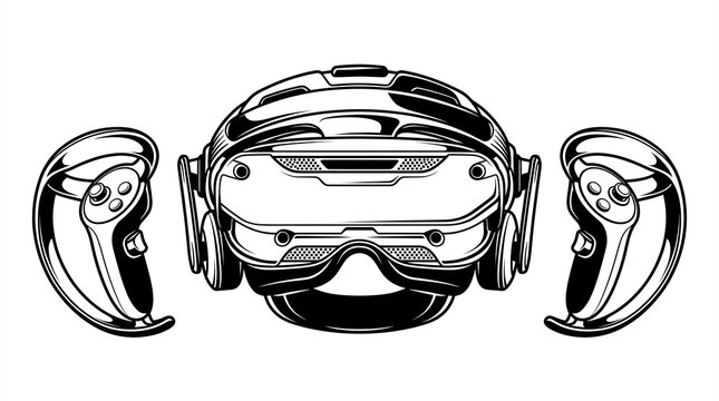 Futuristic virtual reality headset with dual motion controllers illustrated in bold black and white vector lines showcasing immersive digital gaming technology equipment