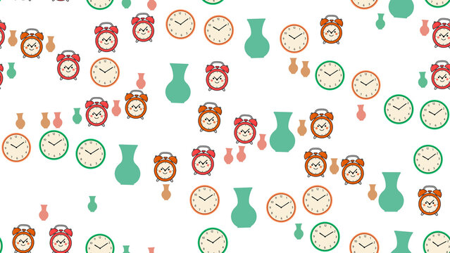 Cartoon alarm clocks and vases seamless pattern