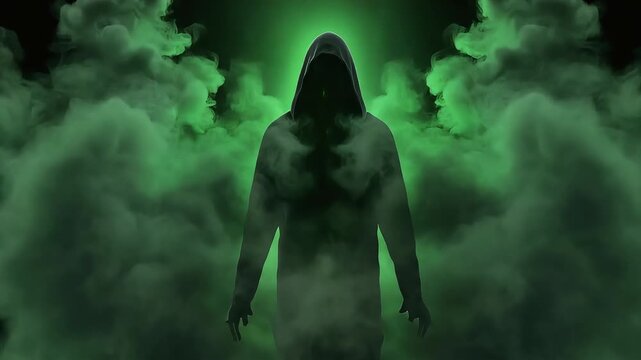 Mysterious hooded figure silhouette emerging from swirling green smoke in motion video footage background