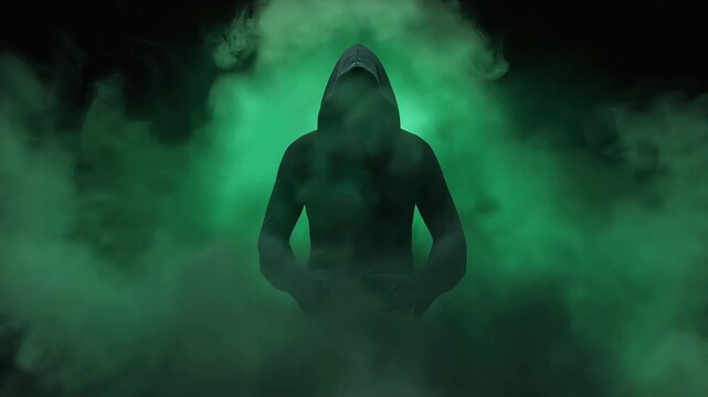 Mysterious hooded figure emerging from glowing green smoke in dark cinematic motion background footage clip