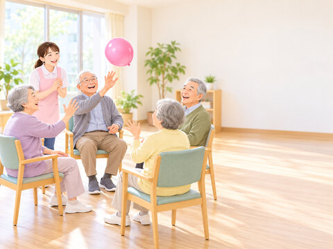 椅子に座って風船を使った活動を楽しむ人物たちのイラスト