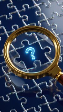Golden magnifying glass over glass jigsaw puzzle revealing glowing blue question mark in the missing center piece