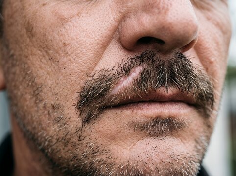 Close up portrait of man s face emphasizing mustache beard and skin texture detailed facial hair photography