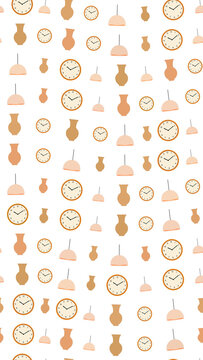 Seamless pattern of clocks and vases