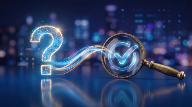 Glowing question mark transforming into checkmark under golden magnifying glass representing problem solving and validation